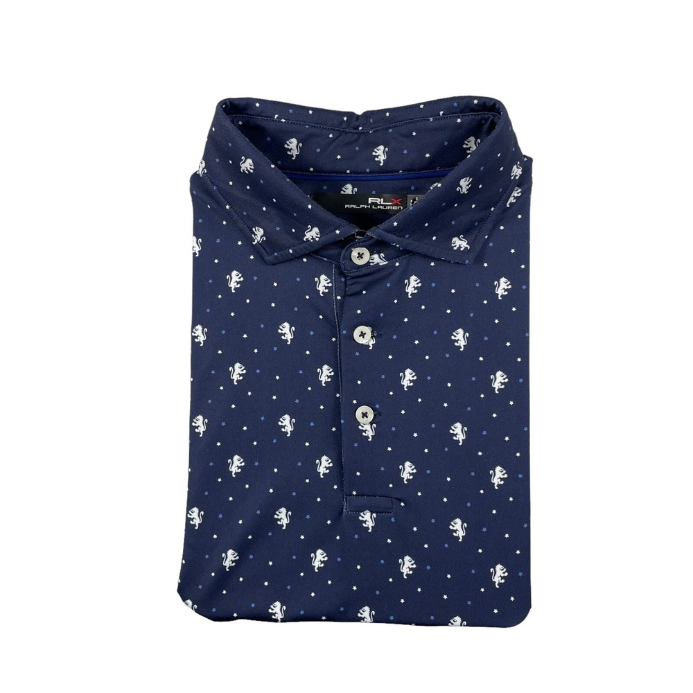 RLX Ralph Lauren Lake Nona Golf Polo Shirt Mens Medium Blue White Lion Star AOP